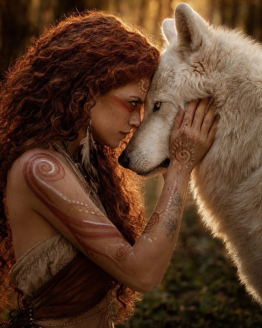 Retrato simbólico do renascimento: mulher de cabelos vermelhos com pinturas corporais, testa com testa com um lobo branco